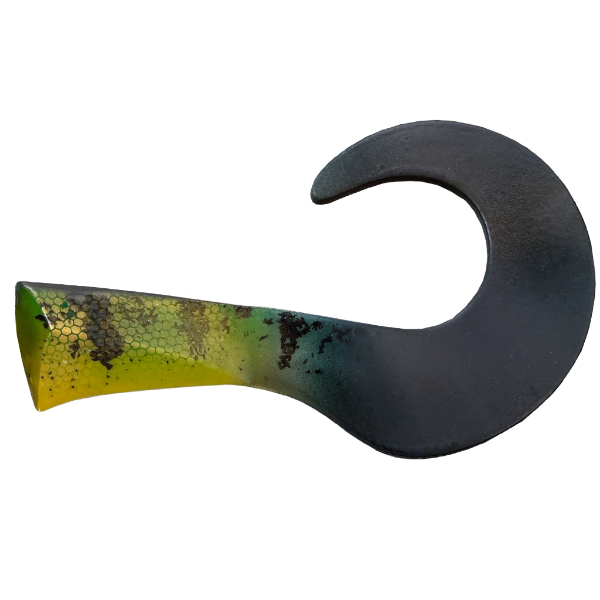 Black and green curved tool on a white background