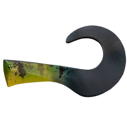 Black and green curved tool on a white background