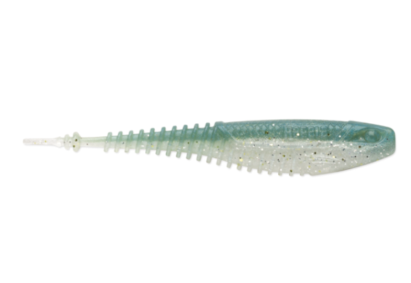 A translucent soft plastic fishing lure shaped like a small fish, featuring a ribbed body, glittery speckles, and a clear tail, shown against a plain white background.