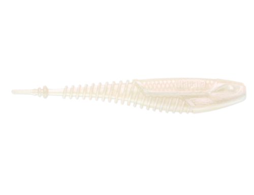 A translucent soft plastic fishing lure shaped like a small fish, featuring a ribbed body, glittery speckles, and a clear tail, shown against a plain white background.