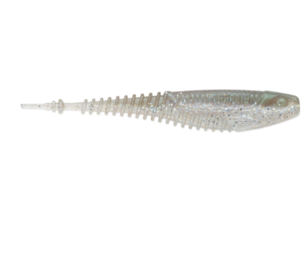 Translucent soft plastic fishing lure with ribbed body and silver glitter.