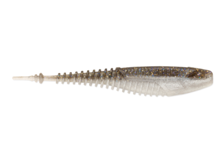 Translucent silver soft plastic fishing lure with glitter and ribbed body.