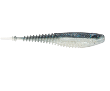 A soft plastic fishing lure shaped like a small baitfish, shown horizontally against a plain white background. The lure has a translucent body with a dark blue glitter top and a clear, semi-transparent belly, complete with a ribbed tail and a clear fishing wire at the front.
