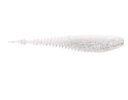 Translucent white soft plastic fishing lure with silver glitter.