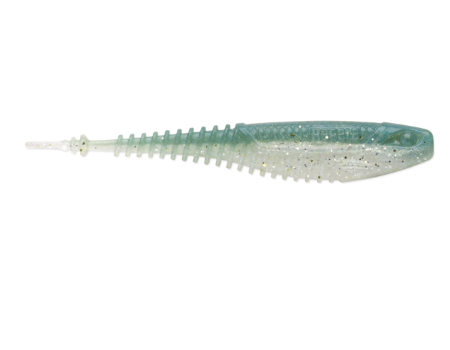 A soft plastic fishing lure shaped like a small shrimp or baitfish, shown horizontally against a plain white background. The lure features a translucent body with a gradient from a light mint green at the top to a clear, glittery white at the bottom, with tiny gold glitter flecks throughout.