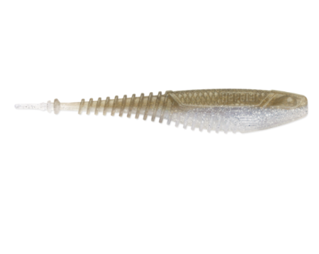 A soft plastic fishing lure with a ribbed body, designed to mimic a small baitfish, shown against a plain white background.