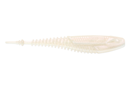 A translucent, off-white plastic fishing lure shaped like a small fish with a ribbed body and a pointed tail, shown against a solid white background.