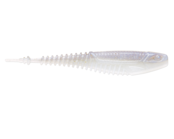 Translucent albino soft plastic fishing lure with a ribbed tail.