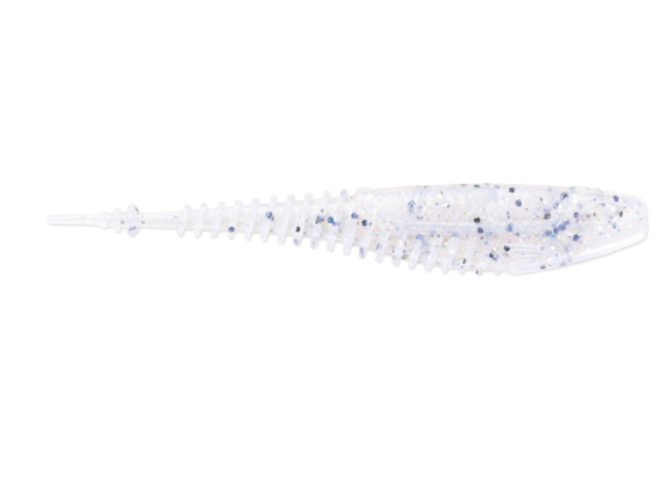 Ribbed soft plastic fishing lure in translucent blue pearl holographic.