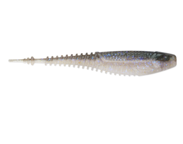 Translucent grey and clear soft plastic fishing lure with ribbed body and glitter.