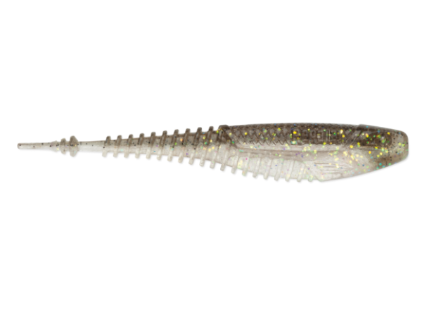 Translucent grey soft plastic fishing lure with glitter and ribbed body.