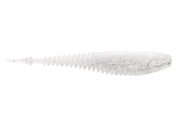 Translucent white ribbed fishing lure with silver glitter on a white background.