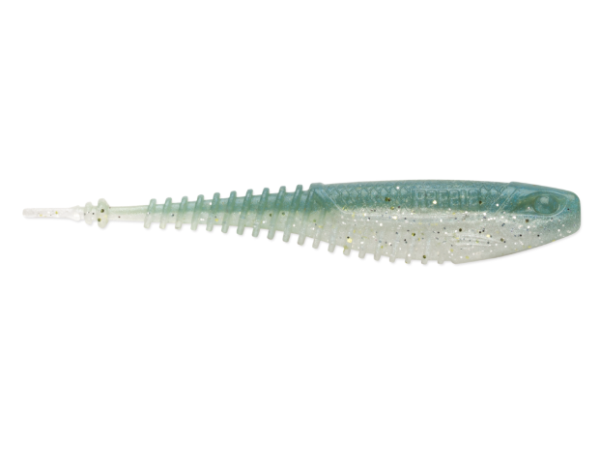 Ribbed, two-tone translucent fishing lure in blue-green and white with glitter.