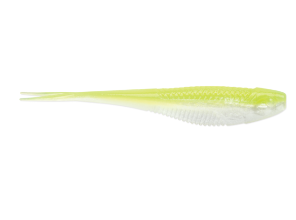Chartreuse pearl soft plastic fishing lure with textured top and ribbed belly.