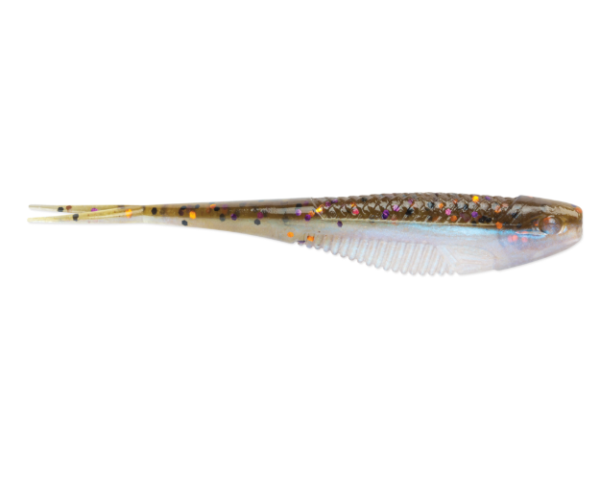 A brown and iridescent fishing lure with glitter, resembling a small fish.