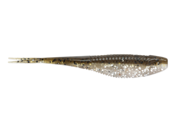 Dark green pumpkin and silver glitter soft plastic jerkbait fishing lure with a split tail.