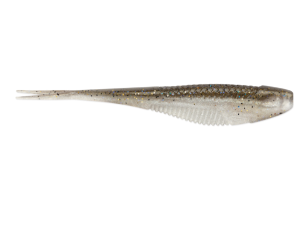 Translucent grey soft plastic jerkbait with glitter and ribbed belly.