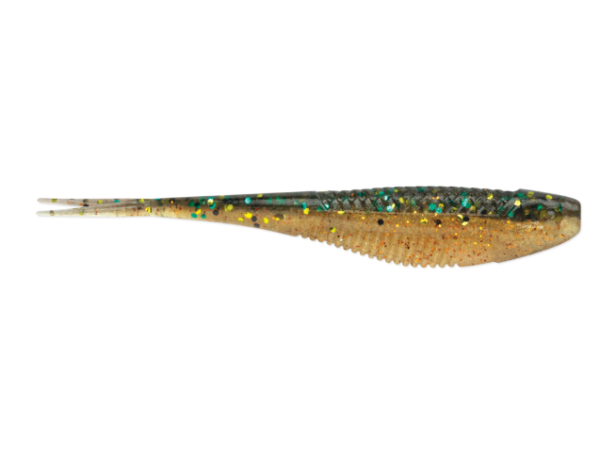 Perch-patterned soft plastic fishing lure with green glitter and a forked tail.