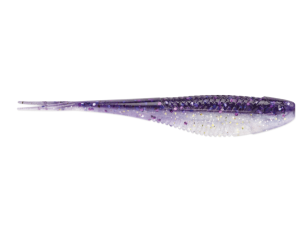 Purple and clear glitter soft plastic fishing lure with a ribbed body.