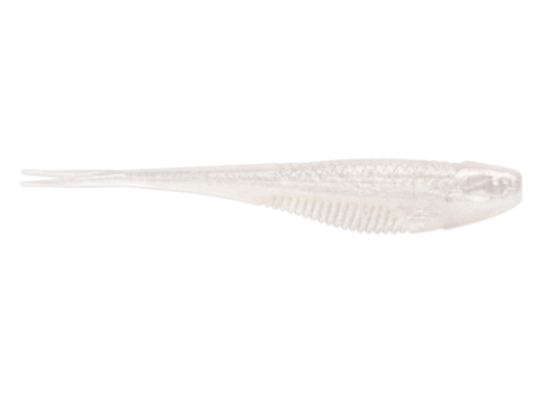A pearl white, translucent soft plastic fishing lure with a ribbed underside.