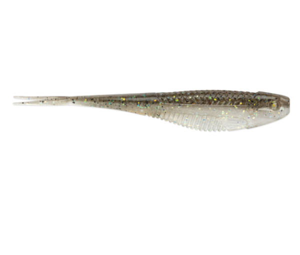 Shad-shaped fishing lure, translucent grey with glitter and ribbed texture.