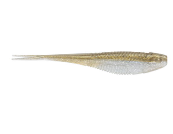 Translucent brown and clear glitter soft plastic fishing lure with ribbed belly.