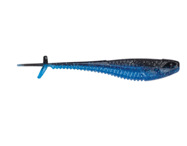 A black and blue glitter fishing lure shaped like a minnow.