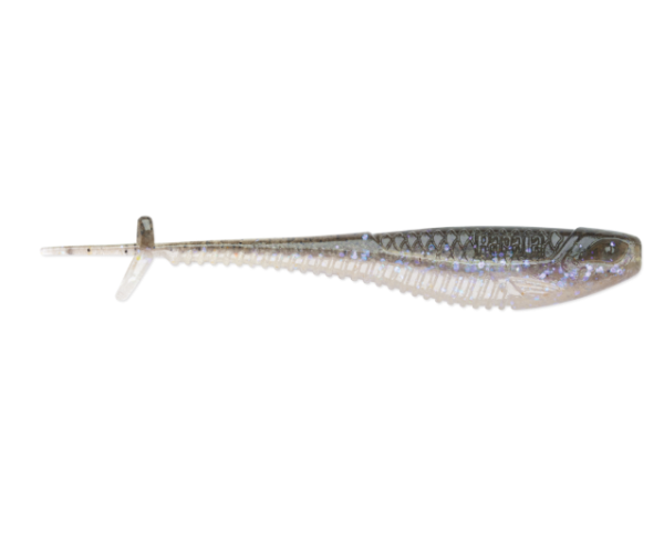 Translucent grey minnow fishing lure with blue glitter and a ribbed belly.