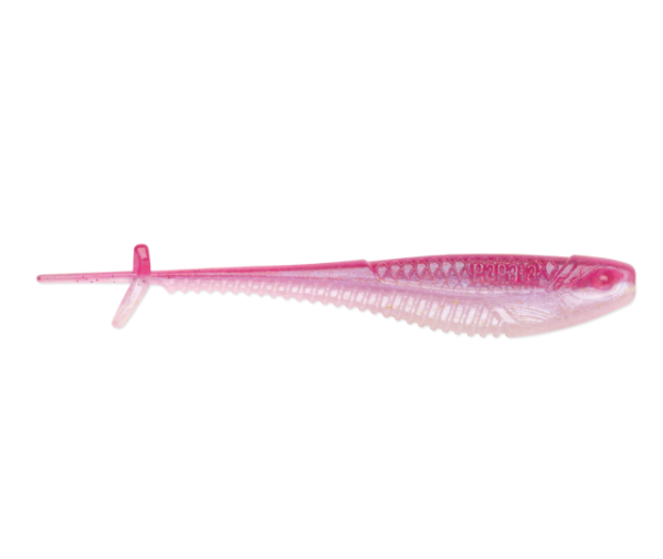 Translucent pink fishing lure with a ribbed belly and scale pattern.