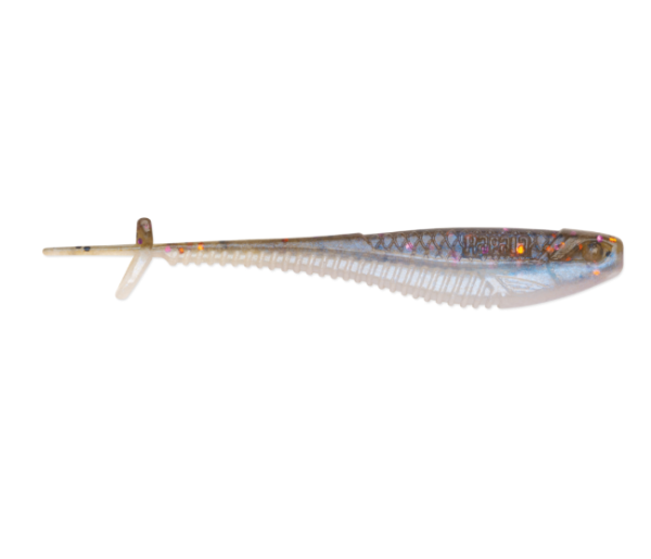 Translucent brown Rapala soft plastic minnow lure with iridescent flakes and ribbed body.