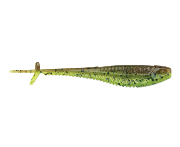 Ribbed green pumpkin chartreuse pepper soft plastic minnow fishing lure.