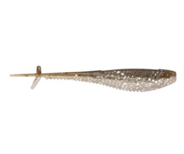 Translucent green pumpkin disco soft plastic minnow fishing lure with glitter.