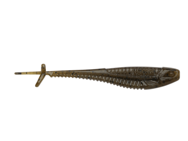 Horizontal green pumpkin soft plastic minnow lure with ribbed body and flat tail.