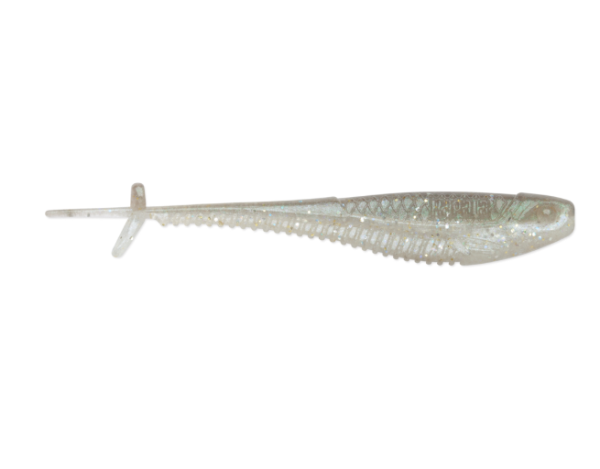 Translucent green shad fishing lure with glitter and ribbed belly.