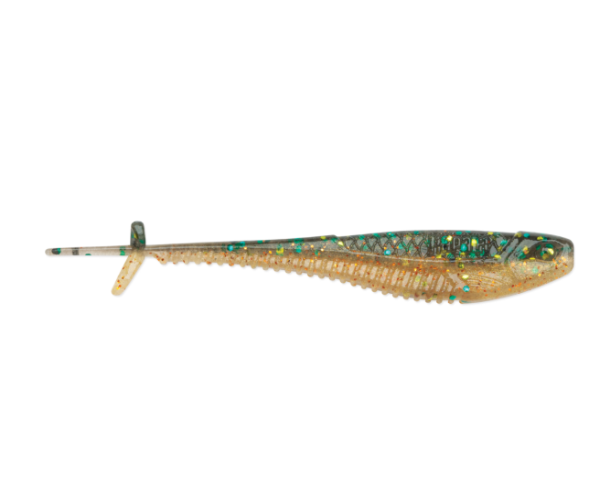 Translucent soft plastic minnow lure with green and gold glitter scales.