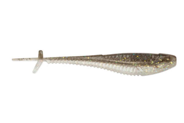 Translucent grey and white soft plastic minnow fishing lure with glitter and ribbed belly.
