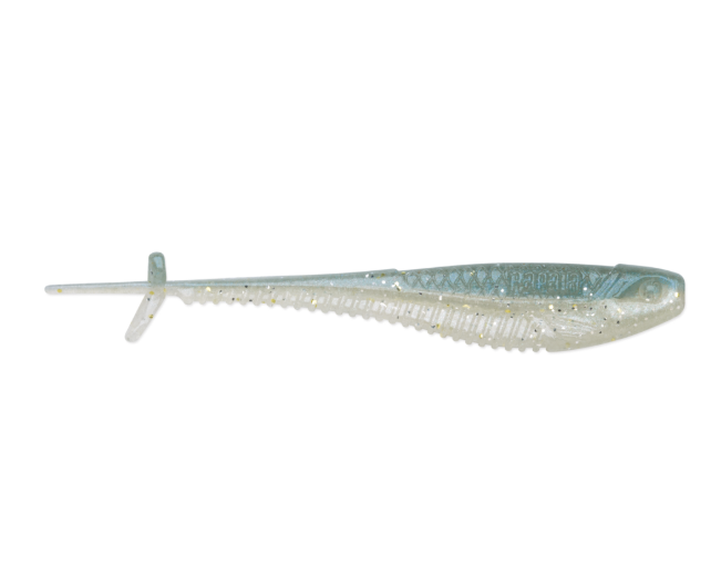 Horizontal translucent blue and white Rapala minnow lure with glitter and ribbed texture.