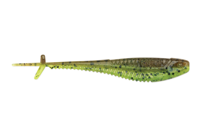 Green pumpkin and chartreuse pepper soft plastic minnow fishing lure.