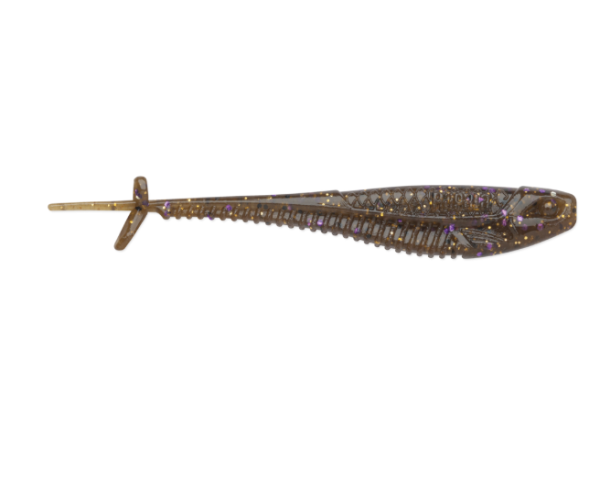 Dark green pumpkin goby fishing lure with purple and gold glitter.