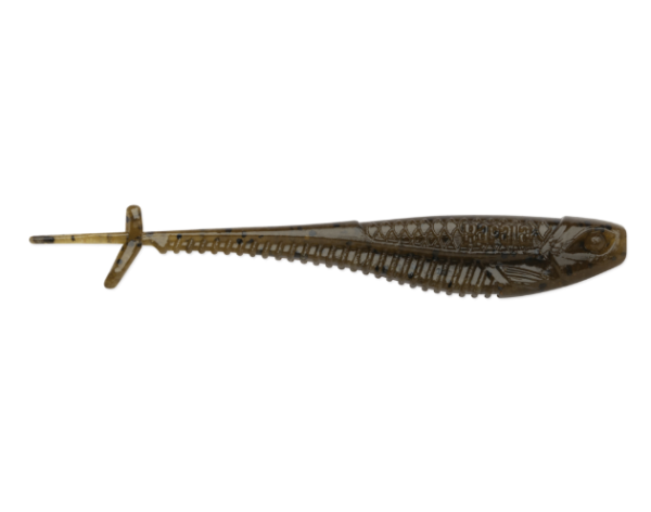 Green pumpkin soft plastic fishing lure with ribbed body and flat tail.