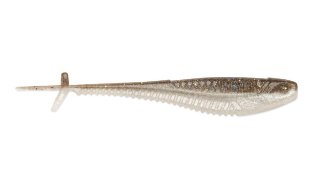Translucent brown and white soft plastic fishing lure with glitter and ribbed belly.