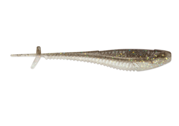 Grey translucent soft plastic minnow lure with glitter and ribbed belly.