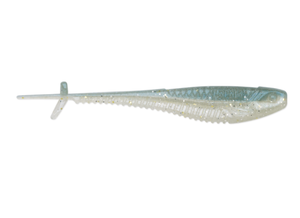 Glittery blue and white soft plastic minnow lure with ribbed belly.