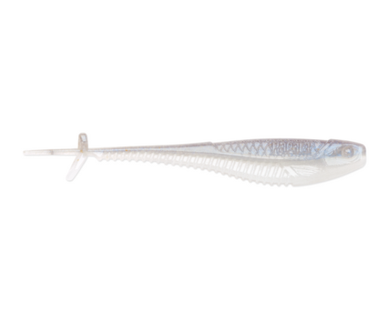 Horizontal translucent white Rapala fishing lure with blue-silver scale pattern.