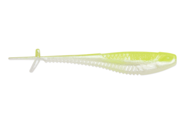 Chartreuse pearl soft plastic fishing lure with ribbed body and forked tail.