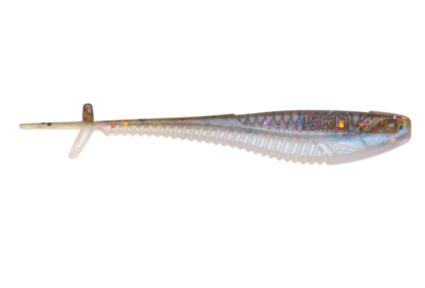 Goby-colored soft plastic minnow lure with iridescent glitter and ribbed underside.