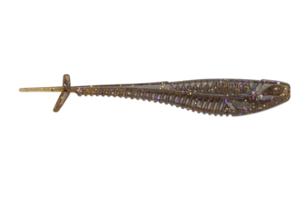 A translucent green pumpkin minnow fishing lure with ribbed body and glitter.