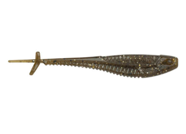 Dark green pumpkin soft plastic minnow lure with ribbed texture and glitter.
