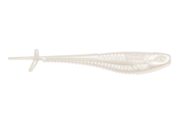 A translucent pearl white minnow-shaped soft plastic fishing lure with a ribbed belly.