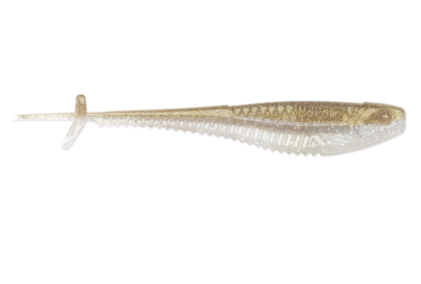 Translucent minnow-shaped fishing lure with gold glitter and a ribbed belly.